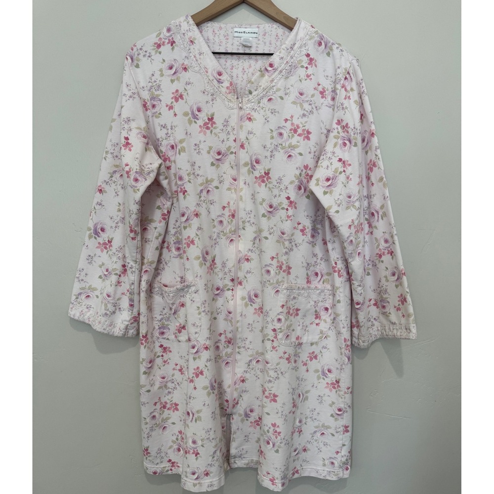 Miss Elaine Floral Zip Front Robe Pink Rose Lace Trim Housecoat XL Cottagecore